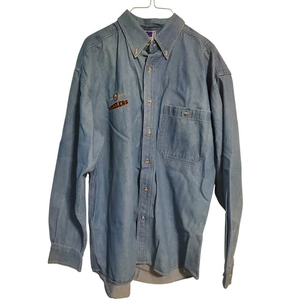 Vintage 90s Y2K Pittsburgh Steelers Embroidered Denim Long Sleeve Button Up Shir